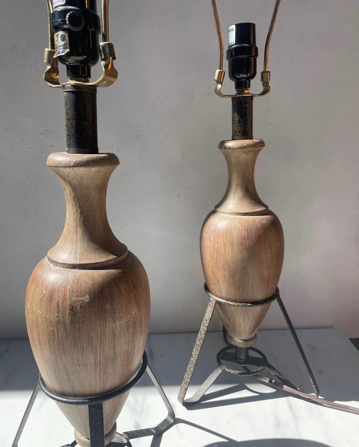 Pair of Urn Style Faux Wood and Metal Lamps