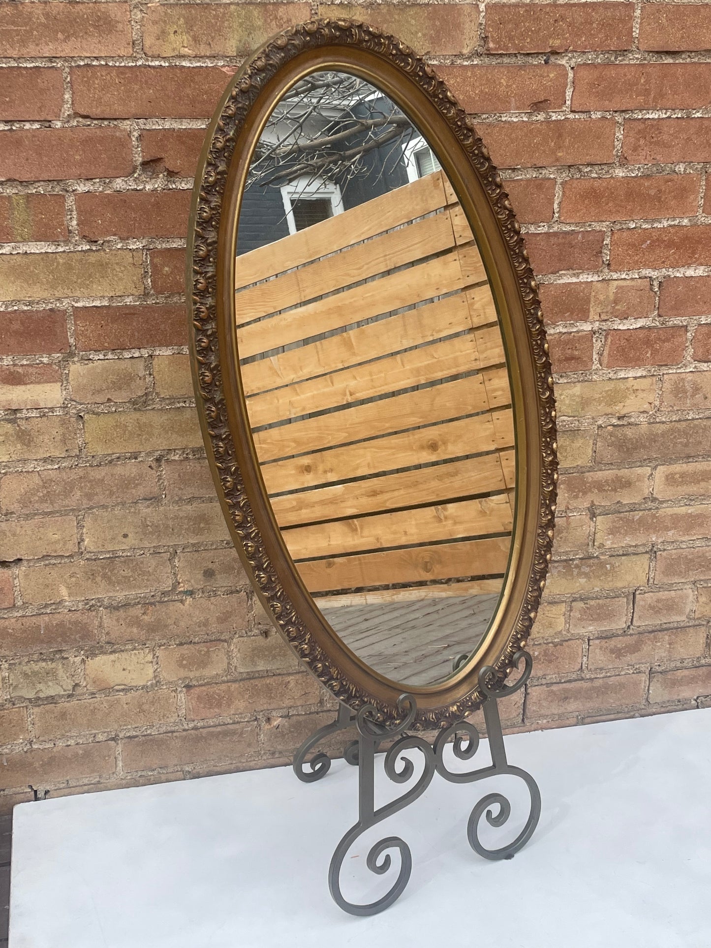 Ornate Golden Oval Mirror & Stand