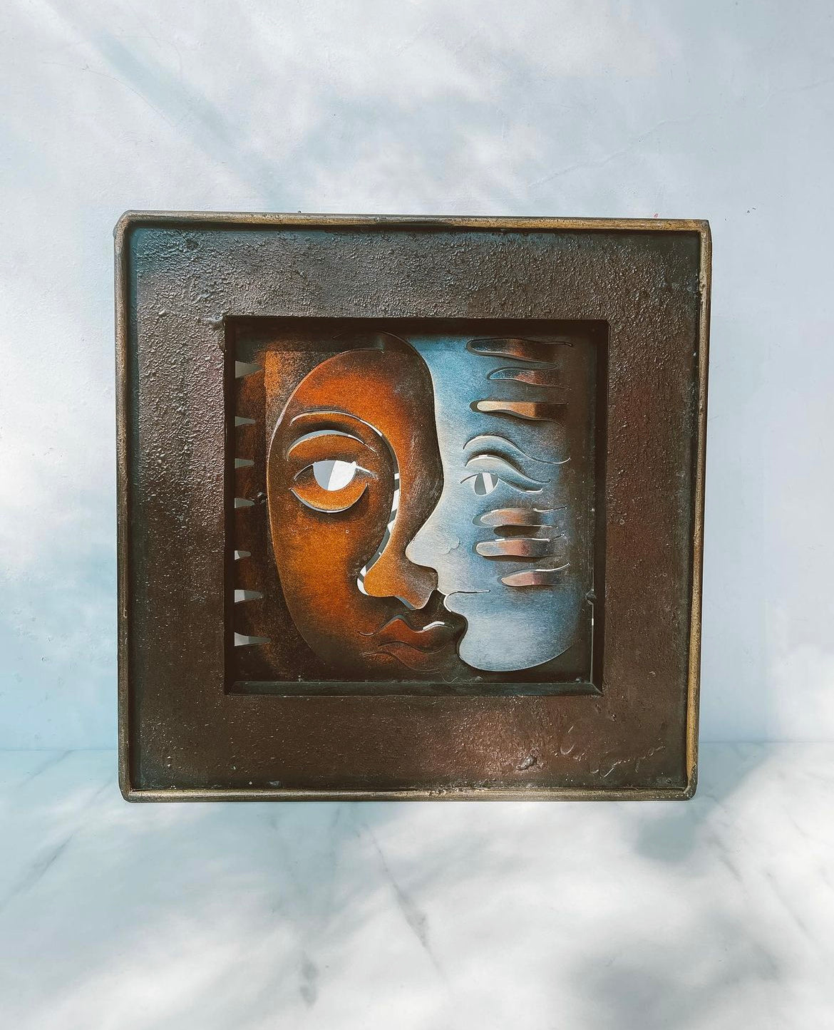 Fire and Ice Dual Face Sculpted Metal Art Signed Andres Martin De Campo