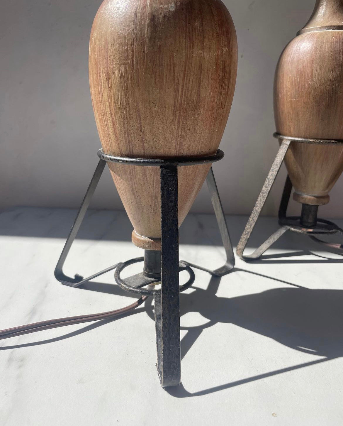 Pair of Urn Style Faux Wood and Metal Lamps