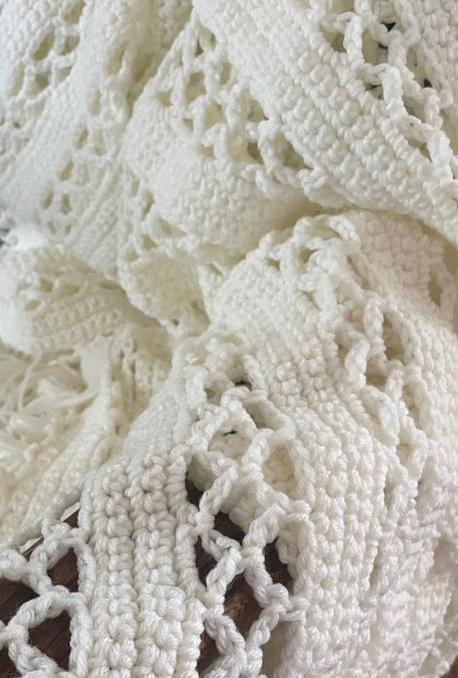 Hand Knit White Blanket with Tassle Knot Ends