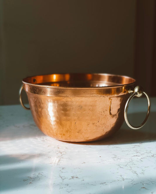 Hammered Copper Bowl with Golden Ring Handles