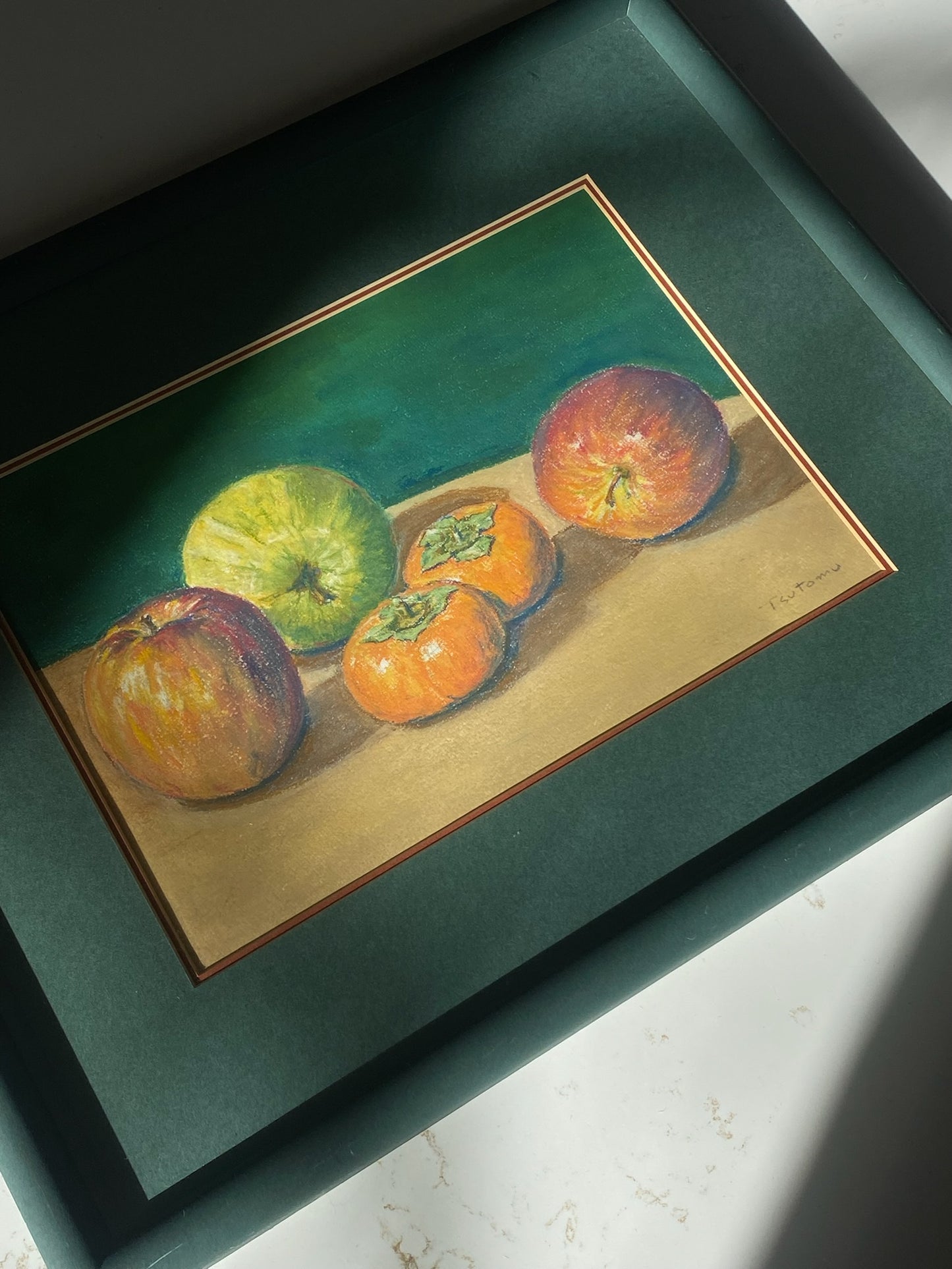 Green Framed Winter Fruit Pastel - Signed Tsutomu