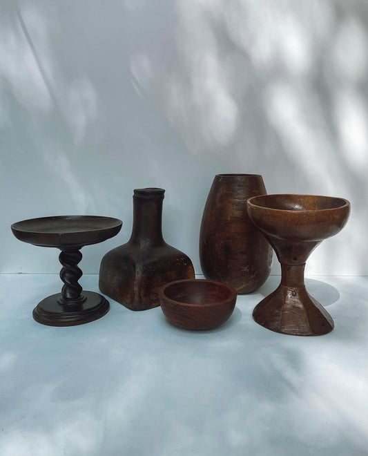 Cake Stand, Wood Bowl, Vase and Primitive Ceremonial Carved Wood Chalice