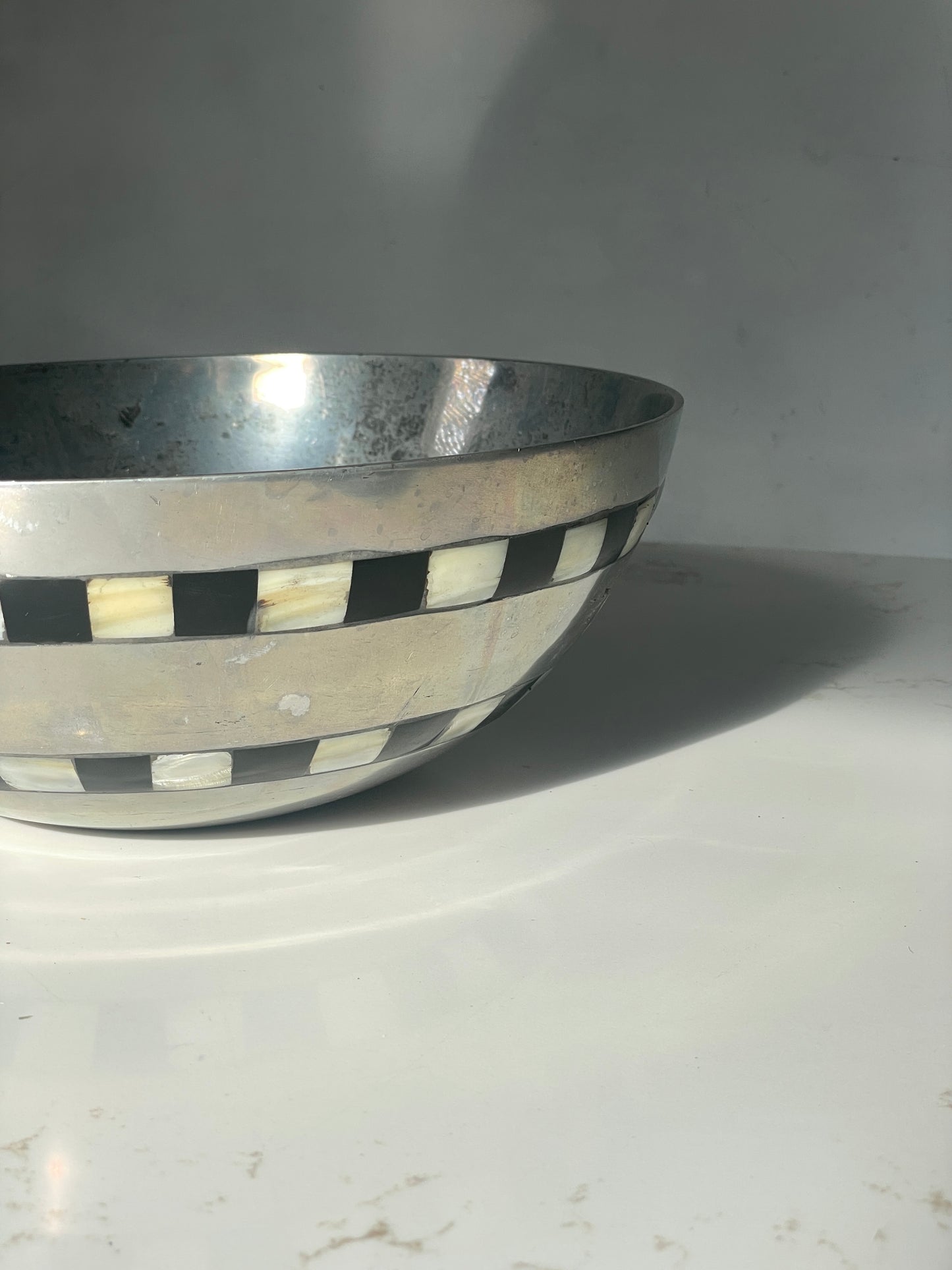 Painted Opalescent Mother of Pearl and Black Checkered Cast Aluminum Bowl