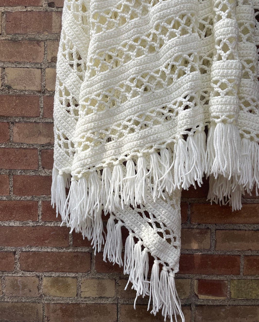 Hand Knit White Blanket with Tassle Knot Ends