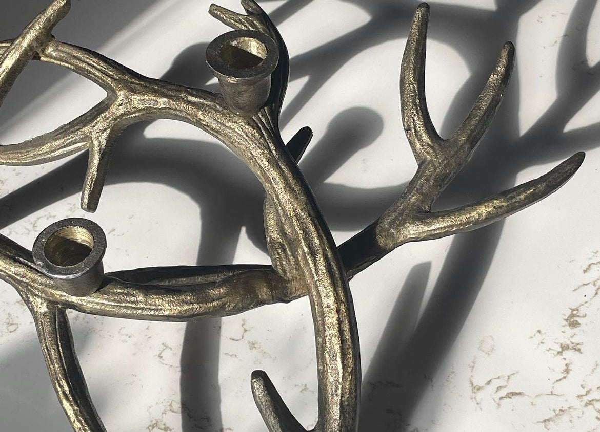 Vintage Casted Gold Metal Deer Antler Candelabra