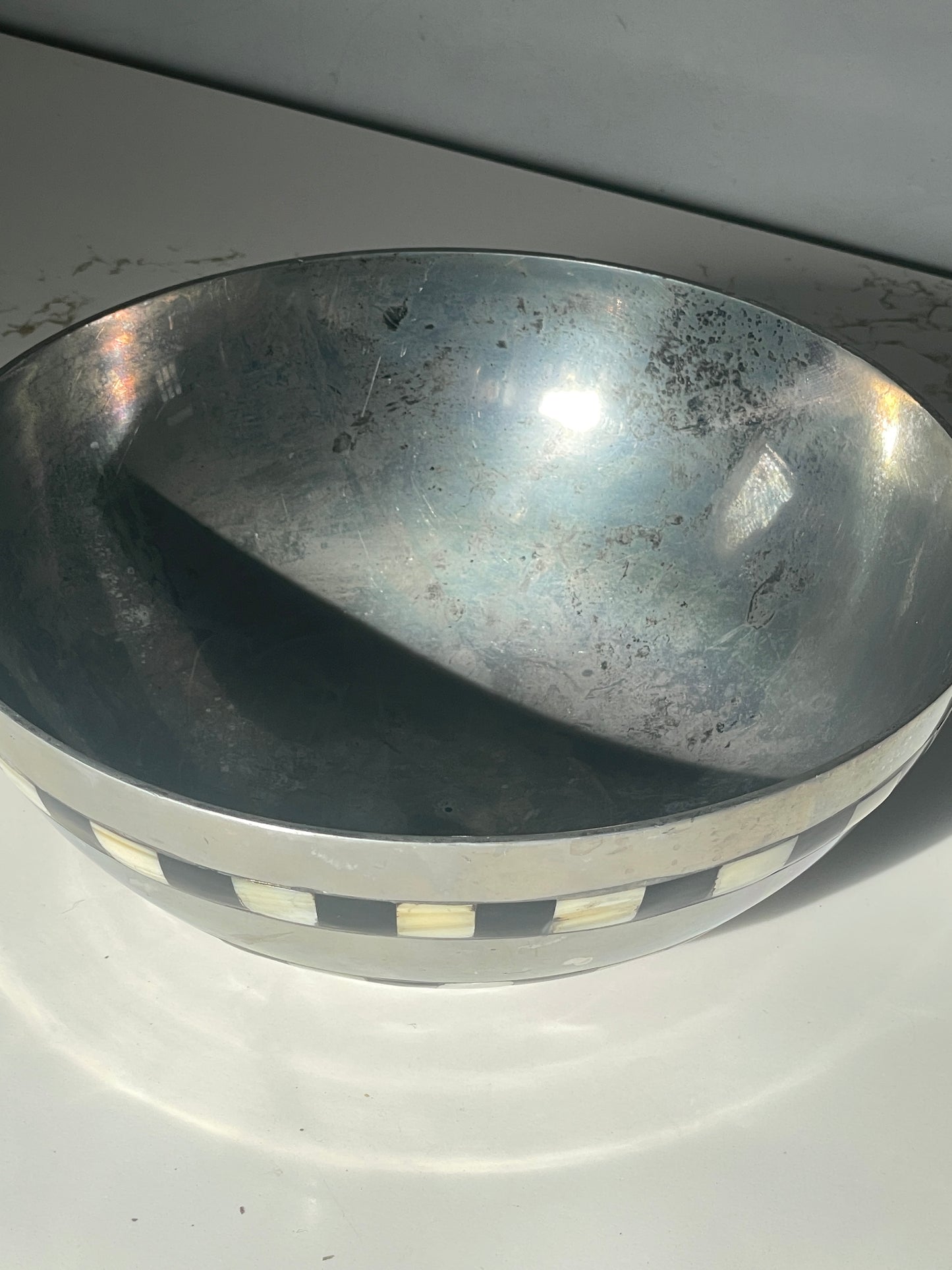 Painted Opalescent Mother of Pearl and Black Checkered Cast Aluminum Bowl