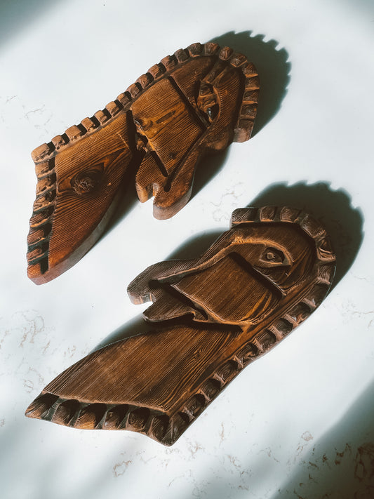 Hand-Carved Wooden His & Hers Horse Head Wall Hanging