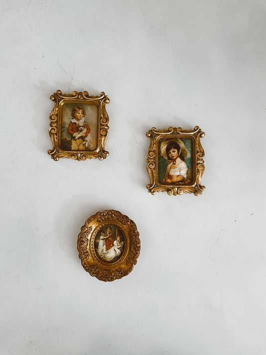 Mini Ornate Rococo Gold Framed Fabric Portraits