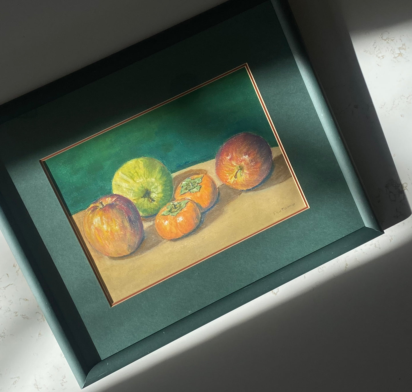 Green Framed Winter Fruit Pastel - Signed Tsutomu