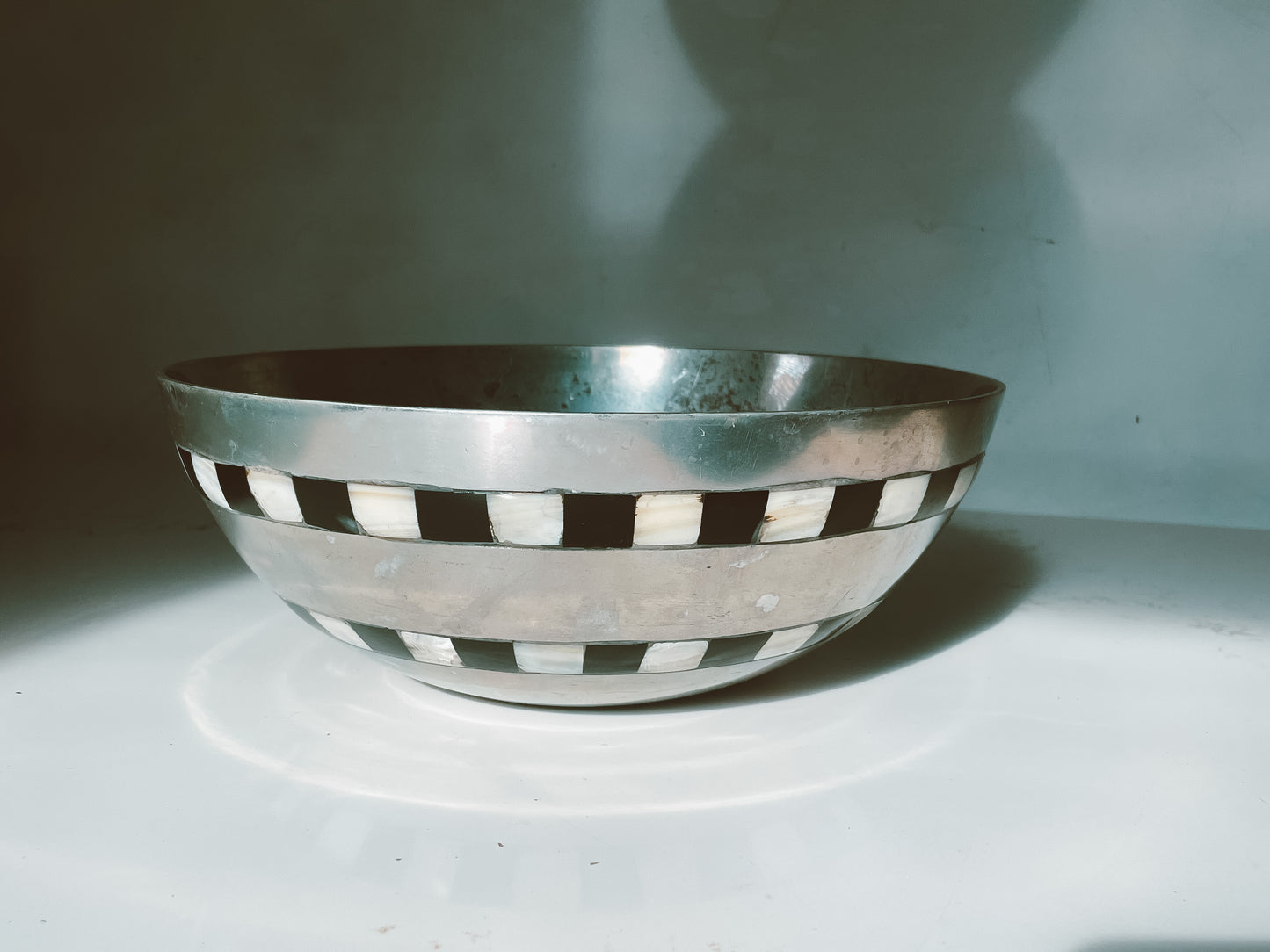 Painted Opalescent Mother of Pearl and Black Checkered Cast Aluminum Bowl
